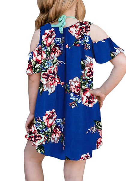 Back view of model wearing royal blue cold shoulder ruffle floral short sleeves girl tunic dress