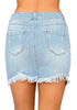 Back view of model wearing sky blue frayed hem washed denim mini skirt