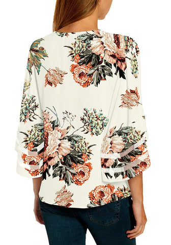 Floral Print Apricot Women's V Neck Shirt Printed Top 3/4 Bell Sleeve Mesh Panel Blouse