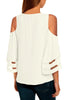 Back view of model wearing white 34 bell mesh panel sleeves cold-shoulder loose top