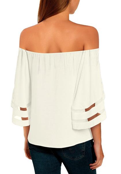 Back view of model wearing white 34 bell mesh panel sleeves tie-front off-shoulder top