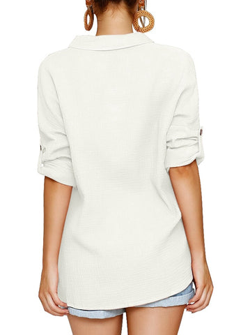 White V Neckline Button-Up Long Cuffed Sleeves Top