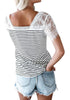 Back view of model wearing white crochet lace short sleeves striped V-neckline top