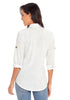 Back view of model wearing white long cuffed sleeves lapel button-up blouse