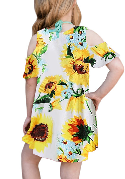 Back view of model wearing yellow cold-shoulder floral short sleeves girl tunic dress