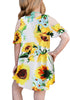 Back view of model wearing yellow cold-shoulder floral short sleeves girl tunic dress