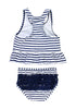 Back view of navy bow-front striped ruffle two-piece baby swimsuit's 3D image