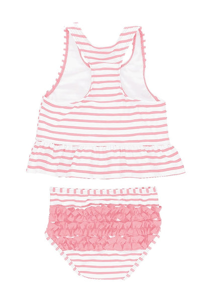 Back view of pink bow-front striped ruffle two-piece baby swimsuit's 3D image