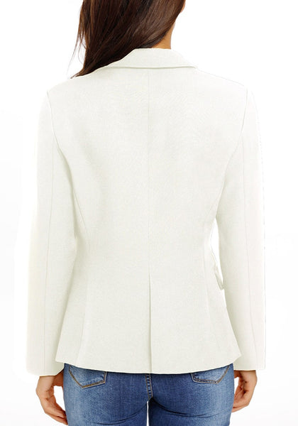 Back view of pretty model wearing white back-slit notched lapel blazer
