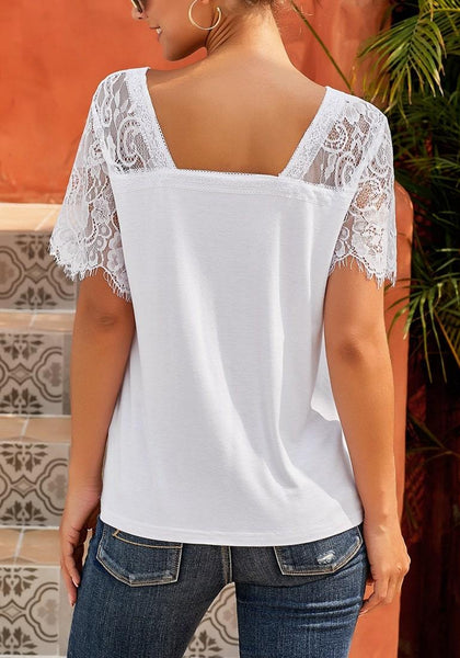 Back view of white crochet lace short sleeves V-neckline top