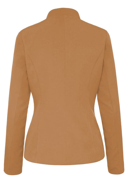 Back view of camel stand collar open-front blazer