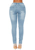 Back view of light blue drawstring-waist washout ripped skinny jeans