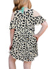 Back view of little model wearing off-white leopard cold shoulder ruffle sleeves girl tunic dress