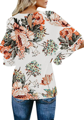 Floral Pirnt Brilliant White Women's Summer Blouse Casual Ruffle 3/4 Sleeve Tops Loose Shirts