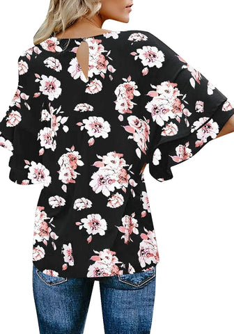 Pink Floral Print Black Women's Summer Blouse Casual Ruffle 3/4 Sleeve Tops Loose Shirts