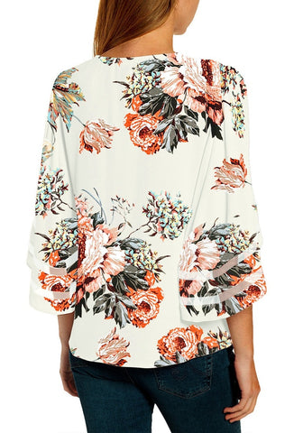 White Floral Women's Casual V Neck Mesh Panel Blouse Tops 3/4 Bell Sleeve Shirt