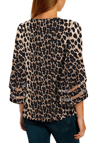 Back view of model wearing black 34 bell mesh panel sleeves V-neckline leopard-print loose top