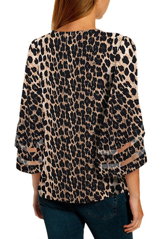 Leopard Print Women's V Neck Shirt Printed Top 3/4 Bell Sleeve Mesh Panel Blouse
