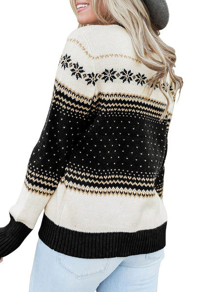 Back view of model wearing black crew neck snowflake colorblock knit sweater