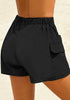 Back view of model wearing black elastic-waist side pockets lace-up board shorts