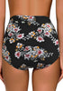 Back view of model wearing black floral-print high waist ruched swim bottom