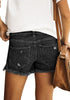 Back view of model wearing black frayed hem distressed side-slit denim shorts