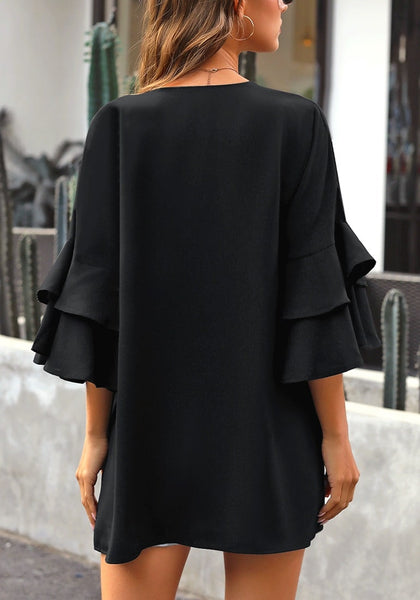 Back view of model wearing black layered trumpet sleeves open-front plain kimono