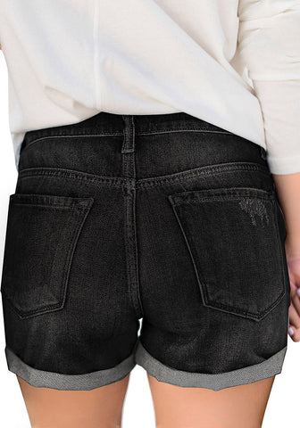 Women High Waisted Denim Shorts Ripped Button Fly Cuffed Jean Shorts