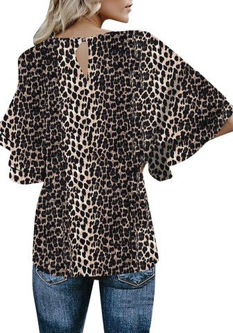 Leopard Print Women's Summer Blouse Casual Ruffle 3/4 Sleeve Tops Loose Shirts