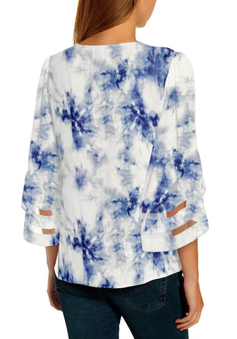 Tie Dye Navy Women's V Neck Shirt Printed Top 3/4 Bell Sleeve Mesh Panel Blouse