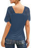 Back view of model wearing blue crochet lace short sleeves striped V-neckline top