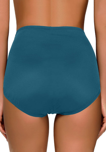 Back view of model wearing blue green high waist ruched swim bottom