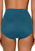 Back view of model wearing blue green high waist ruched swim bottom