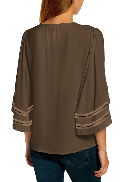 Back view of model wearing brown 3-4 ribbon mesh panel sleeves V-neckline loose top
