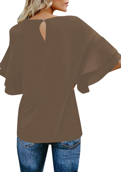 Back view of model wearing brown trumpet sleeves keyhole-back blouse