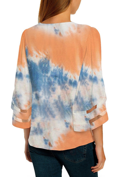 Back view of model wearing coral & blue 3-4 bell mesh panel sleeves V-neck tie-dye top