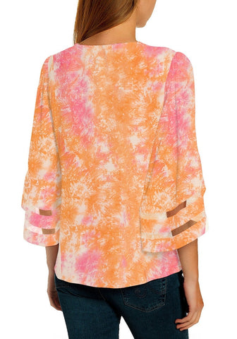 Tie Dye Orange Women's V Neck Mesh Panel Blouse 3/4 Bell Sleeve Loose Top Shirt