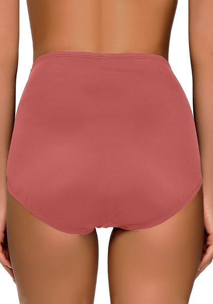 Back view of model wearing coral pink high waist ruched swim bottom