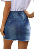 Side view of model wearing dark blue distressed frayed hem denim mini skirt