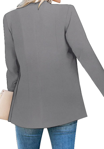 Back view of model wearing grey lapel front-button side-pockets blazer