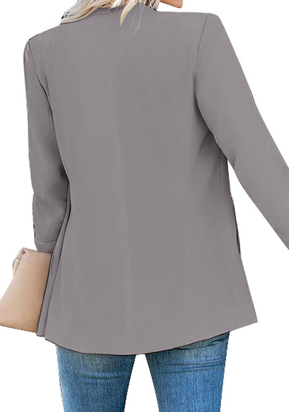 Back view of model wearing grey open-front side pockets blazer