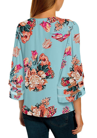 Floral Print Blue Women's V Neck Shirt Printed Top 3/4 Bell Sleeve Mesh Panel Blouse