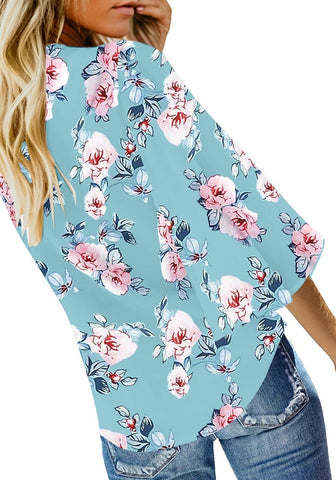Floral Print Blue Topaz Women's V Neck Button Down Shirts 3/4 Bell Sleeve Tie Knot Blouse