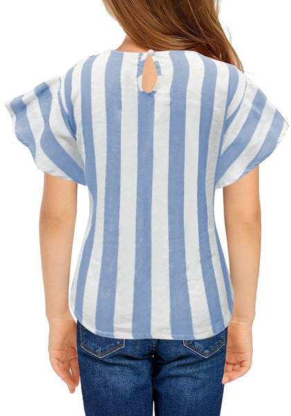 Back view of model wearing light blue flare short sleeves keyhole-back striped little girl top