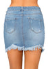 Back view of model wearing light blue frayed raw hem buttons denim mini skirt