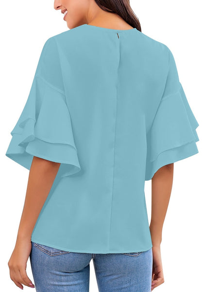 Back view of model wearing light blue trumpet sleeves keyhole-back blouse