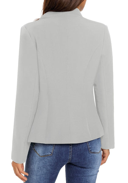 Back view of light grey stand collar open-front blazer