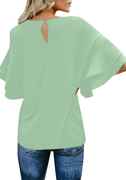 Back view of model wearing mint green trumpet sleeves keyhole-back blouse