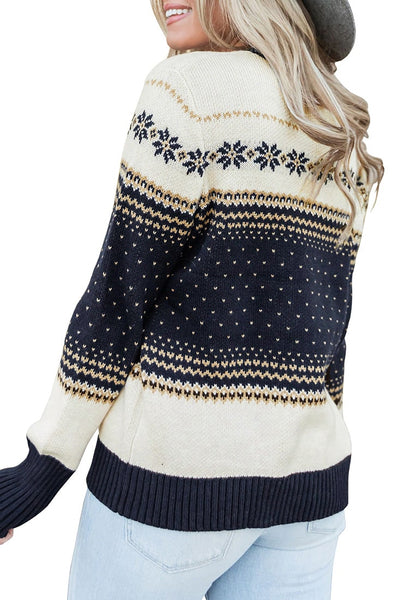 Back view of model wearing navy crew neck snowflake colorblock knit sweater