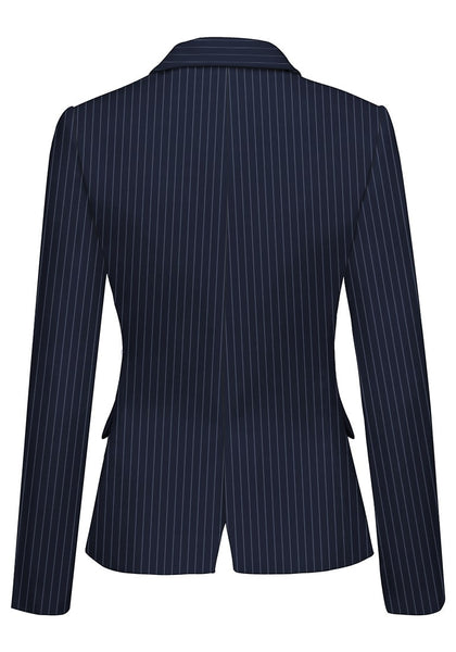 Back view of model wearing navy striped back-slit notched lapel blazer